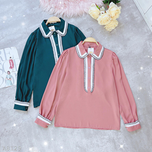 Blusa de Color Sólido para Mujer al por Mayor, Manga Larga, Cuello Peter Pan en Contraste, Botones al Frente, para Boutiques de Moda y Ropa de Trabajo de Oficina - Product Image 6