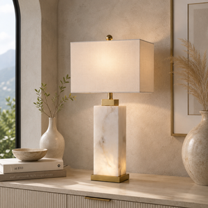 Designer <b>Marble</b> <b>Bedside</b> Lamp With Refined Geometric Structure Elegant Fabric Shade And Timeless Luxury Presence - Product Image 1