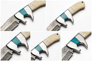 Couteau de camping artisanal en acier Damas avec pointe tombante, support OEM de qualité DIY, manche en os naturel et étui en cuir - Product Image 2