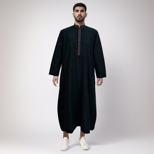 Men Black Polyester Thobe Long Sleeve Ankle Length Sweetheart Neckline Embroidered Breathable Casual Solid Eid Evening Party - Product Image 1