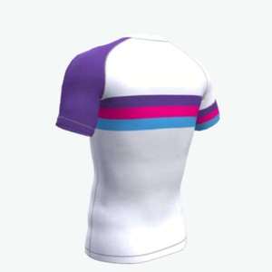 เสื้อแรชการ์ดแขนสั้นสีขาว ลายทางสีม่วง ชมพู ฟ้า แห้งเร็ว ผลิตจากโพลีเอสเตอร์ สำหรับผู้ใหญ่ ทั้งชายและหญิง ดีไซน์แบบคัลเลอร์บล็อก - Product Image 4