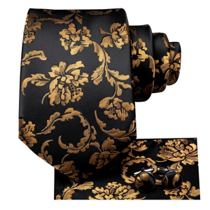 Corbata de seda floral negra y dorada con gemelos y pañuelo de bolsillo a juego, corbata clásica para hombre para ocasiones de negocios y fiestas. - Product Image 6