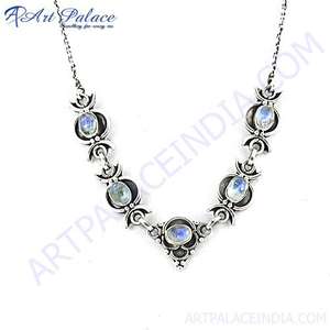 สร้อยคอเงินพลอยอัญมณีสีรุ้งและมูนสโตน - Product Image 1