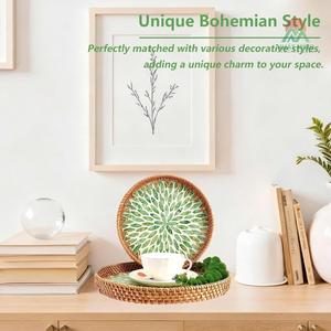 2 plateaux ronds en rotin avec incrustation de nacre, plateaux de service avec base en bois, panier en osier tressé pour cuisine et table basse - Product Image 2