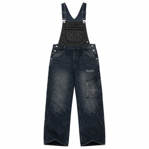Peto vaquero acolchado con bordado, estilo oversize holgado Y2K, ropa urbana, peto con logo personalizado, pantalones cargo para hombre - Product Image 2