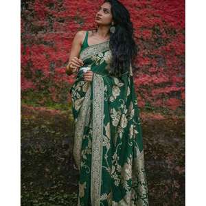 BROCADE EN SOIE FANTAISIE BANARASI AVEC SAREE DE TRAVAIL ZARI AVEC CHEMISIER NON COUDU VERT - Product Image 1