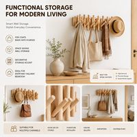 Porte-manteau mural en bois naturel avec crochets décoratifs pour entrée et couloir