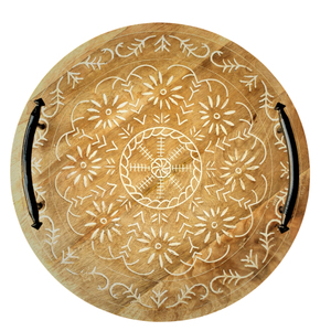 Plateau de service vintage en bois sculpté à la main, plateau décoratif marocain pour table basse, motif floral bleu et jaune, ustensile de cuisine à poignées - Product Image 6