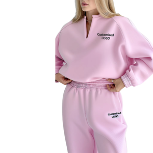 Conjunto de Sudadera Oversize Rosa para Mujer con Logotipo Bordado, Hombros Caídos, Cuello en V, Tejido de Algodón, Ropa de Otoño - Product Image 1