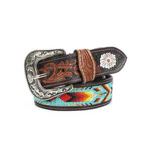 Western Genuine Leather Embroidered Beaded <b>Belt</b> Floral Pattern Silver Alloy Buckle <b>Vintage</b> Casual Durable Handcrafted Daily Use - Product Image 1