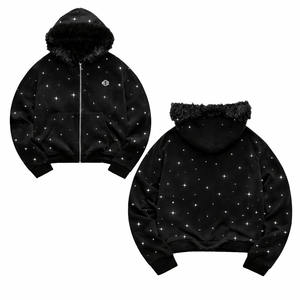 Sweat à capuche zippé pour homme avec strass et imprimé étoiles, capuche en fourrure, style streetwear décontracté, vente en gros, sweats à capuche scintillants, fournisseur OEM - Product Image 1