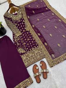 Salwar Kameez con Bordado Zari Dorado, Traje de 3 Piezas para Bodas Estilo Bollywood, Georgette de Secado Rápido, Dupatta para Fiestas - Product Image 3