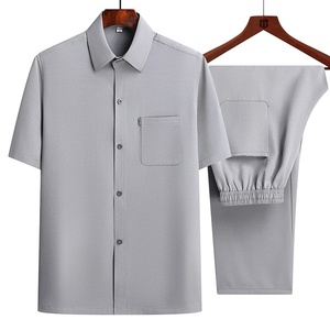 Men's Solid Plus Size Short Sleeve Shirt And Pants <b>Set</b> Casual Summer Wear Gray <b>Knitted</b> Cotton Fabric - Product Image 5