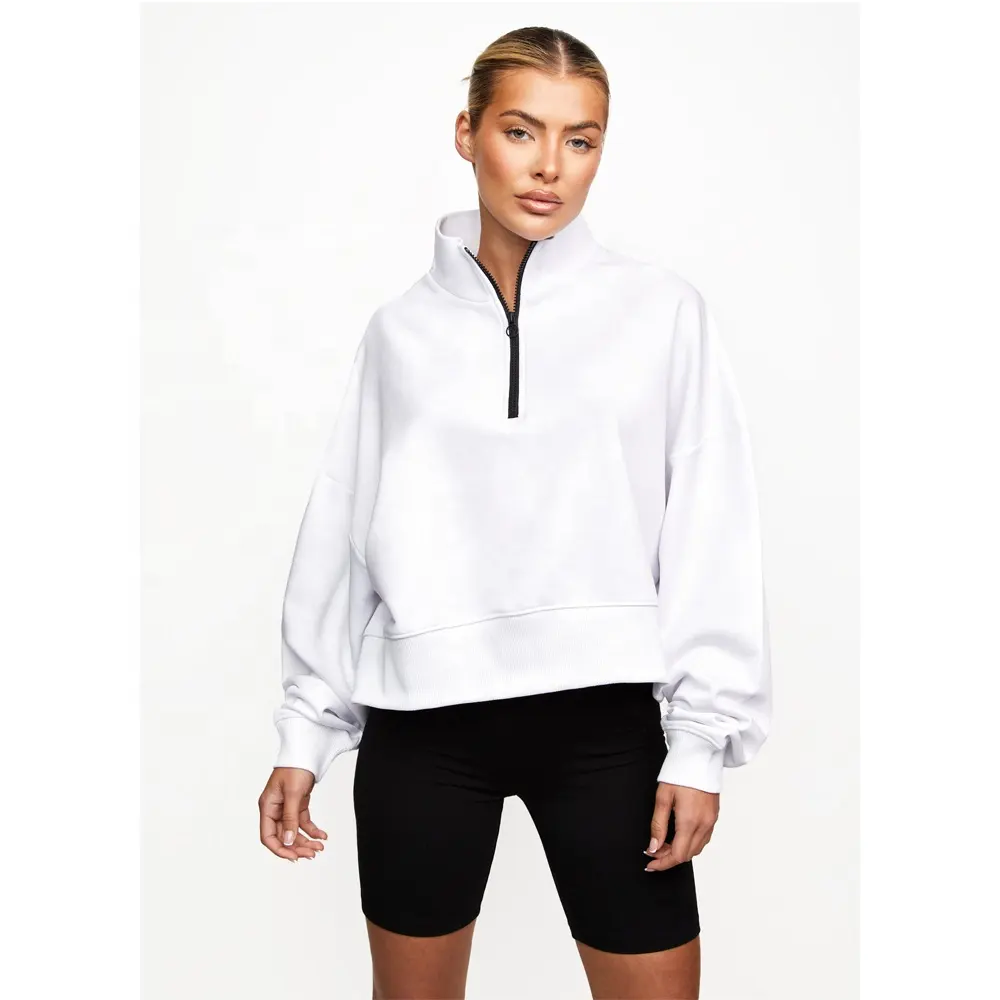 Custom Witte Kleur Vrouwen Fitness Kleding Oversized Trui 1/4 Rits Hoge Hals Sport Sweatshirts Voor Vrouwen