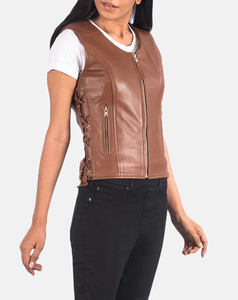 Premium Quality <b>Women's</b> <b>Brown</b> PU Leather Sleeveless Biker <b>Vest</b> With Zipper And Side Lacing Moto Style Outerwear 2026 Wholesale - Product Image 2