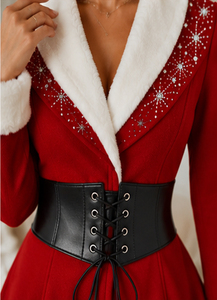 MAKTRA Robe Manteau Rouge de Noël pour Femme avec Bordure en Fausse Fourrure, Dentelle Strassée, Taille Corset, Imperméable, pour Fêtes de Noël et d'Hiver, Vente en Gros - Product Image 5