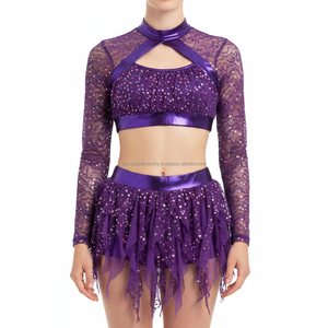Traje de Baile de Dos Piezas para Mujer, Personalizado, con Lentejuelas Moradas y Malla de Encaje, Estilo Majorette, OEM, Elástico, de Alta Calidad - Product Image 1