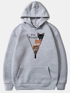 Sweat à capuche unisexe personnalisé avec imprimé graphique, motif chat bleu amusant, slogan 'Ew People', en polaire, style streetwear pour femmes et hommes - Product Image 2