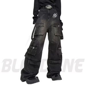 Pantalon cargo en toile noire délavée, coupe large, 100% coton, taille mi-haute, séchage rapide, coupe décontractée - Product Image 1