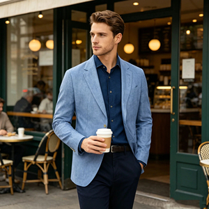 Blazer en lin et coton pour homme, col cranté, simple boutonnage, style italien, veste de costume tissée respirante, coupe classique - Product Image 3