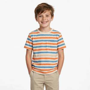 T-shirt rayé à manches courtes pour garçons de haute qualité, col rond, décontracté, avec poche, en coton multicolore, pour enfants - Product Image 5