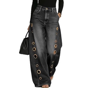 Jeans de Mujer Estilo Europeo y Americano 2026, Diseño con Ojales, Casuales, Holgados, de Cintura Alta y Pierna Ancha, Venta al Por Mayor, Estilo Vintage - Product Image 1