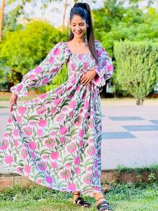 Femmes filles pur coton Maxi robe indien bloc imprimé décontracté été soirée à la mode nouvelle vente en gros longue robe mi-longue - Product Image 6