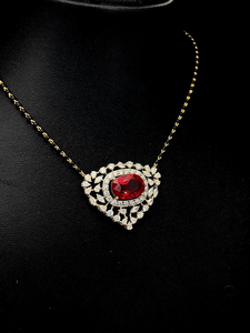 Modern oval <b>ruby</b> diamond halo <b>necklace</b> with floral marquise frame premium luxury jewelry for weddings and special occasions - Product Image 6