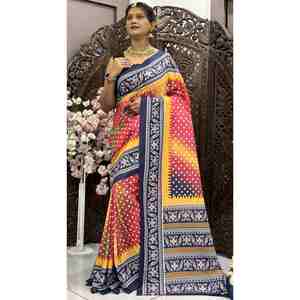 ATTRACTIVE BANDHEJ EN MOUSSELINE AVEC PATOLA IMPRESSION NUMÉRIQUE TRAVAIL SAREE AVEC BOLUSE NON COUDU BLEU - Product Image 1