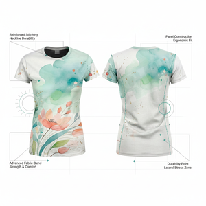 ผู้ผลิตเสื้อผ้าสตรี รับออกแบบลายซับลิเมชั่น เสื้อยืดออกกำลังกายแห้งเร็ว แขนสั้น ยืดหยุ่นได้ สำหรับโยคะและฟิตเนส รับผลิตแบบ OEM - Product Image 2