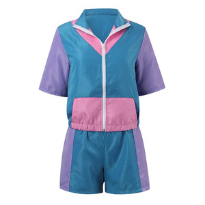 Ensemble de shorts sportifs pour femmes avec blocs de couleur, col rabattu zippé, manches courtes, tenue en satin deux pièces, vêtements de printemps et d'été - Product Image 2