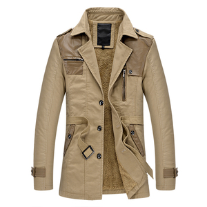 <b>Men's</b> <b>Long</b> Safari <b>Jacket</b> Pu Material Sherpa Lining Windproof Turn-down Collar Casual Autumn Wear - Product Image 1