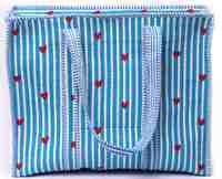 Sac fourre-tout matelassé à rayures bleues avec cœur, sac fourre-tout en coton fait main, sac de shopping mignon à imprimé cœur, sac de voyage léger
