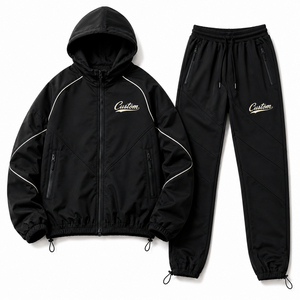 Ensemble de survêtement noir pour homme, veste à capuche zippée et pantalon de jogging avec imprimé lettres, tenue sportive - Product Image 1