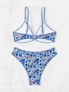 Wholesale blue and white floral 2-piece <b>bikini</b> <b>set</b> with O-ring front Custom low MOQ swimwear manufacturer for US and UK brands. - Product Image 6