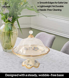 Plato para servir con tapa transparente tipo domo, material de porcelana fina, aspecto moderno y lujoso con base con bordes dorados. - Product Image 2