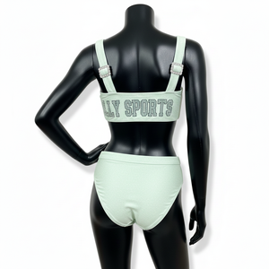 Traje de Baño Premium para Mujer en Verde Menta, Nylon y Spandex GSM, con Pedrería y Logotipo Personalizado por Transferencia Térmica - Product Image 2