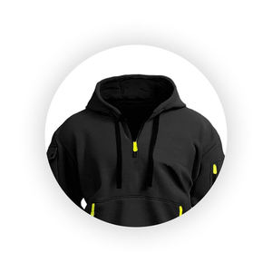 Men's <b>Navy</b> Blue Half Zip Hooded Sweatshirt Regular Fit Casual Knitted Fleece Autumn Wear With Orange Zippers And Pockets - Product Image 2