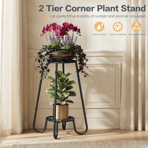 Support de plantes d'angle à 2 niveaux en métal pour intérieur et extérieur, support de pot de fleurs à 4 pieds, pour jardin, balcon, terrasse, étagère décorative pour plantes - Product Image 6
