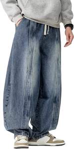 Men's Stonewashed Denim Harem Pants <b>Elastic</b> <b>Waist</b> Drawstring Casual Street Style Breathable Midweight Cotton Pants Autumn Wear - Product Image 3