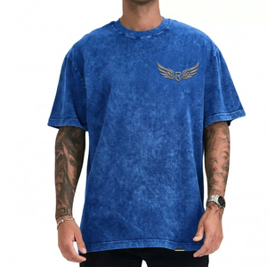 Camiseta de algodón lavado oversize para hombre con logo de alas en relieve frontal, casual, de manga corta, cuello redondo, gris liso, de punto jersey, ajuste cómodo. - Product Image 6