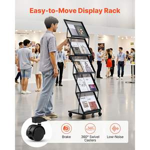 Foldable 5-Pockets Metal <b>Magazine</b> Literature Display Rack Movable Floor Standing Wheels Newspaper Catalog <b>Holders</b> for Shop - Product Image 4
