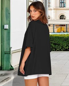 T-shirt noir surdimensionné à manches courtes et col en V pour femme, coupe classique, couleur unie, en jersey de coton, personnalisable, printemps-été - Product Image 6