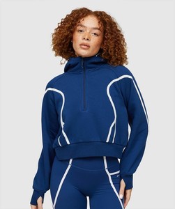 Blue Hooded <b>Quarter</b> <b>Zip</b> Crop Sweatshirt <b>White</b> Piping Regular Fit Unisex Autumn Wear Knitted 100% Cotton Fleece Lined Pocket - Product Image 2