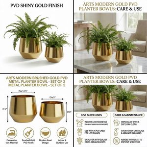 Iron Modern <b>Brushed</b> Gold Metal Planter Bowl Decorative Flower Pot for Indoor <b>Outdoor</b> Use Set of 2 - Product Image 4