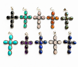 Vintage Antique Silver Plated Brass Natural Gemstone Cross Pendant Necklace Charms Unisex Wholesale Bulk Supplier - Product Image 1