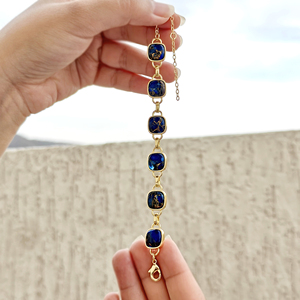 New arrival fashion jewelry mohave blue sapphire copper turquoise <b>bracelet</b> 18k gold plated cushion shape <b>gemstone</b> link <b>bracelets</b> - Product Image 2