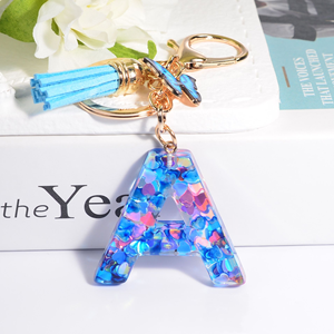 New Resin Blue Heart Sequined A-Z <b>Initial</b> Letter Key <b>Chain</b> Butterfly Tassel Letter Charm Keychain for Bag Key Backbag - Product Image 4
