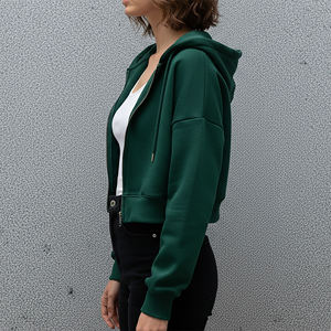 Nuevo Artículo Sudadera con Capucha Verde para Mujer, Cierre de Cremallera, Manga Larga, Tejido de Algodón, Color Sólido, Corte Corto, Ropa de Otoño - Product Image 5