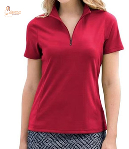 เสื้อโปโลผู้หญิงสีแดง แขนสั้น ซิปหน้า ผ้าถักโพลีเอสเตอร์ แห้งเร็ว สีพื้น สไตล์ลำลอง - Product Image 1